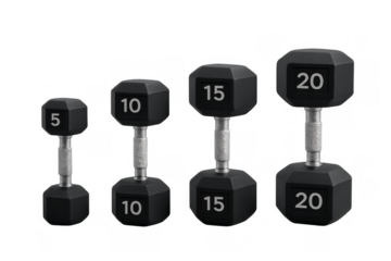 Black hexagonal dumbbells in varying weights showing fitness progress, strength training, and gym workout equipment