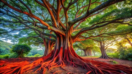 Majestic ancient tree with vibrant red roots, bathed in warm sunlight, surrounded by lush green foliage under a tranquil sky