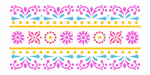 Colorful mexican folk art inspired floral border design with geometric patterns and bright colors