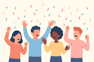 Happy People Celebrating with Colorful Confetti in Modern Flat Style