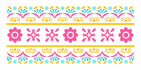 Vibrant mexican talavera inspired floral and geometric border design with pink blue and yellow colors