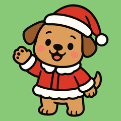 Cute cartoon dog in santa costume waving and smiling, ideal for festive season, holiday designs, and merry christmas.