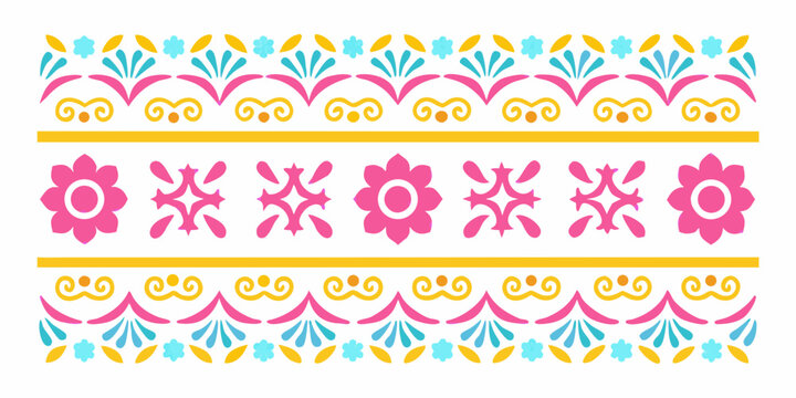 Vibrant mexican talavera inspired floral and geometric border design with pink blue and yellow colors