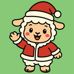 Cute cartoon sheep character dressed as santa claus waving happily, perfect for festive holiday designs.