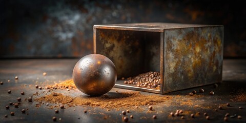 A dark metallic sphere rests near a rustic metal container filled with aromatic spices, a hint of ground powder scattering across a textured surface.
