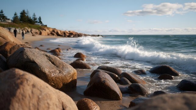 A scenic view of a rocky coastline with waves gently crashing onto the shore featuring two people strolling in the distance under a bright clear sky - Powered by Adobe