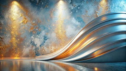 Abstract Metallic Wave Structure Against a Textured Wall with Subtle Lighting