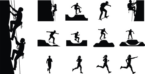 Silhouette vector illustration of rock climbing, skateboarding, and running—outdoor sports, physical activity, fitness motion, adventure lifestyle, athletic movement