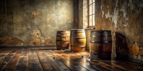 Wooden Barrels Resting in a Rustic, Aged Room with Distressed Walls and Gleaming Hardwood Floor