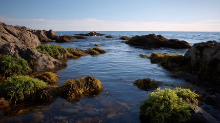 Rocky coastline with vibrant seaweed and calm tide pools under a clear blue sky