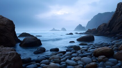 A serene rocky shoreline with large boulders and gentle waves under a moody twilight sky with mist