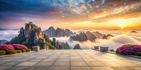 Serene Sunrise Over Majestic Mountain Peaks with a Panoramic View from an Elevated Stone Patio