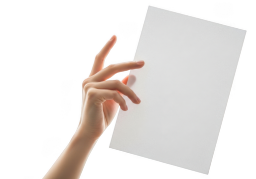 Elegant hand holding blank white paper sheet for presentation or writing ideas transparent background