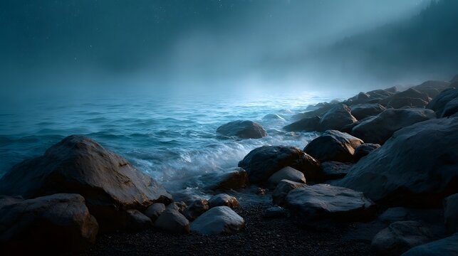 A tranquil foggy twilight scene on a rocky shore with calm water and distant stars