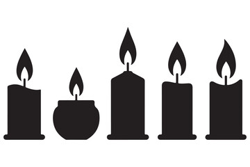 Candle group silhouette icon set with burning wax candles and flame light on white background illustration
