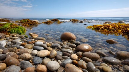 A scenic view of a sunlit pebbled shoreline featuring clear tide pools vibrant seaweed and the calm ocean under a bright blue sky