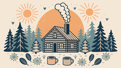 Illustration of a cozy log cabin in a forest setting with suns, trees, flowers, and steaming mugs of coffee