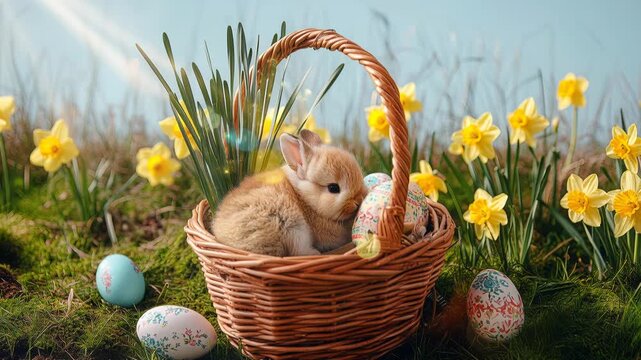 basket with easter eggs and daffodils flowers