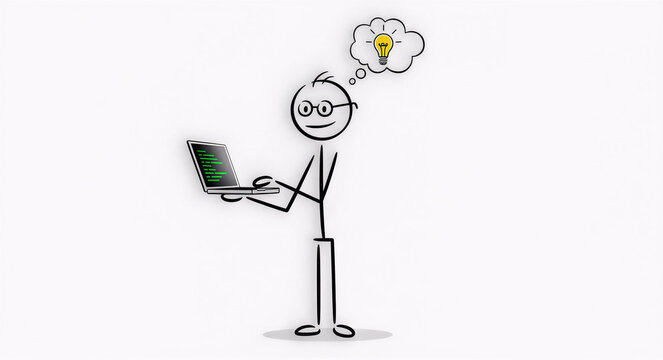 stickman, stick figure using laptop computer, cartoon character working on computer, minimalist line art programmer illustration, simple doodle man typing on laptop, working stickman, hacker stickman