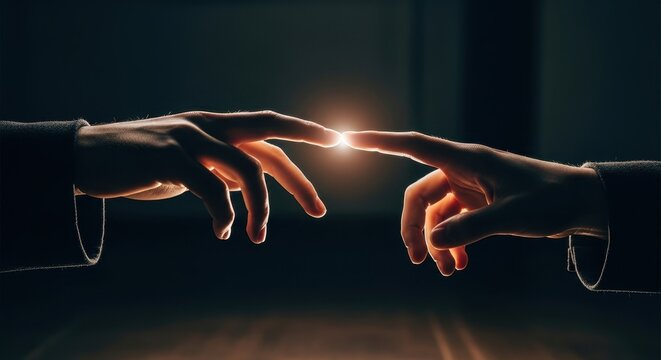 Connection (Metaphor): A close-up of two hands just about to touch, with high-contrast, artistic lighting.