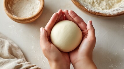 Hands forming a smooth, round ball of fresh dough in a kitchen