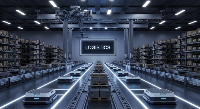 Automated warehouse with robotic autonomous mobile robots moving packages on conveyor belts, for efficient logistics, supply chain management, modern inventory handling solutions in