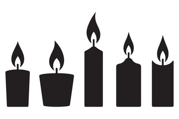 Candle group silhouette icon set with burning wax candles and flame light on white background illustration
