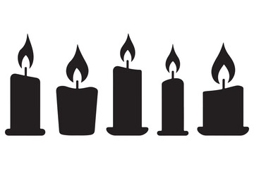 Candle group silhouette icon set with burning wax candles and flame light on white background illustration
