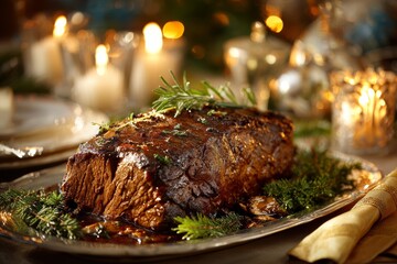 Sauerbraten roast on silver platter, garnished with rosemary. Concept of cozy festive atmosphere with marinated beef slow-cooked and tender, warm light, greenery, and candles.