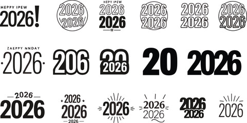 2026 typography pack, happy new year design, creative number styles, festive vector layout, graphic celebration logos, modern branding set