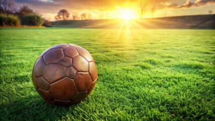 Fototapeta premium A Vintage Leather Ball Rests on Lush Green Grass Underneath a Warm Sunset Glow