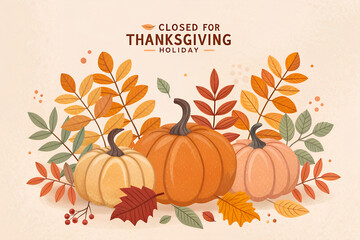 Thanksgiving Holiday Business Closure Announcement with Pumpkins and Autumn Leaves Illustration