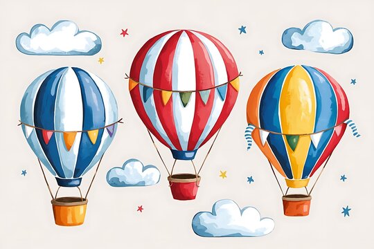 Watercolor hot air balloons illustration. Cute hand painted set with striped balloons, clouds and stars, perfect for nursery decor, baby shower invitations, kids posters and party design.