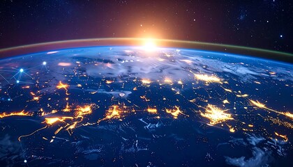 Obraz premium Earth view from space with vibrant city lights and a glowing sunrise against a starry backdrop