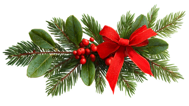 Festive fir branch with red bow and holly berries isolated on white background