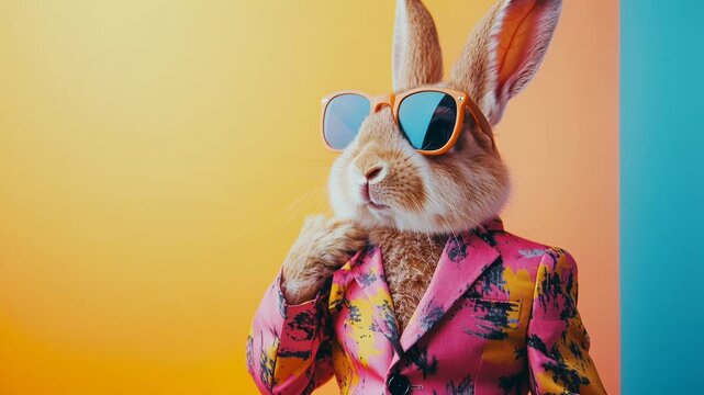 colorful bunny wearing sunglasses and jacket against split teal and pink background; studio portrait of whimsical rabbit in patterned blazer and yellow shirt,