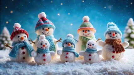 A charming family of knitted snowmen, playfully posed in a winter wonderland scene, evokes the joy and warmth of the holiday season.