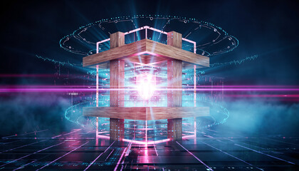 Futuristic neon cube with glowing blue and pink lights