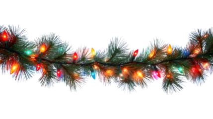 Festive garland glowing with colorful lights and pine needles isolated on white background