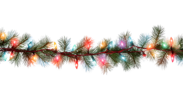 Festive garland glowing with colorful lights and pine needles isolated on white background - Powered by Adobe