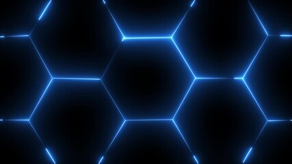 glowing neon light hexagon frame animated on black background. futuristic abstract hexagonal grid background growth line Geometric Surface light hexagon. - Powered by Adobe