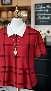 A fashionable red plaid top with a white collar is displayed in a boutique. The outfit is complemented by a cute heart necklace