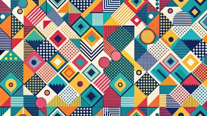 Obraz premium Vibrant Geometric Pattern Featuring Bold Shapes and Colors in a Multifaceted Design Ideal for Modern Textile Prints and Decorative Applications