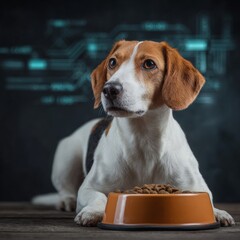 Minimalistic pet cuisine: a culinary view for dogs. Cyber interaction. Vivid pet food elegance: a subtle shift in presentation. Technology future. Neural networks.