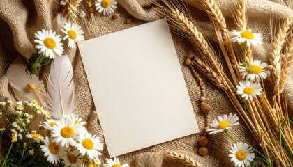 Blank card chamomile flower wheat feather and wooden bead on burlap fabric create rustic natural and warm background perfect for invitations or seasonal greetings