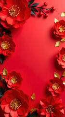 Red paper flowers, gold leaves, and berries decorate vibrant red background, creating festive and elegant frame with sense of celebration and joy