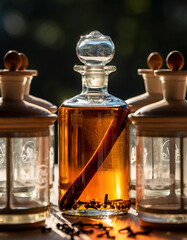 Cinnamon-Infused Oil in Glass Bottle Surrounded by Apothecary Jars—Organic Skincare and Wellness Aesthetic