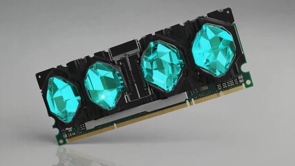 Computer Ram Module with Glowing Cyan Gemstones on Gray Background - Powered by Adobe