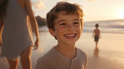 Family Stroll Along Beach Shoreline