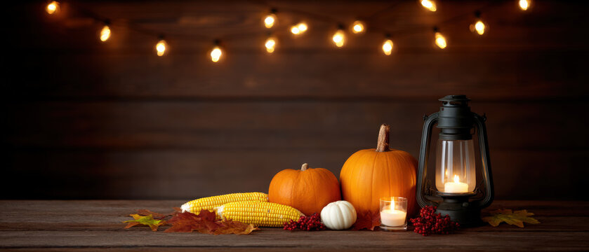 Thanksgiving celebration banner featuring pumpkins, corn, lantern, and candles on wooden table with warm lights, creating a cozy atmosphere with ample copy space for text
